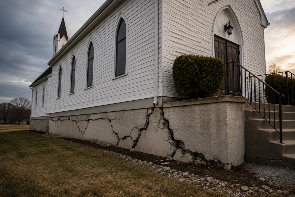 Church building with visible cracks in its foundation, illustrating how underlying organizational health issues can remain hidden until a crisis exposes them.